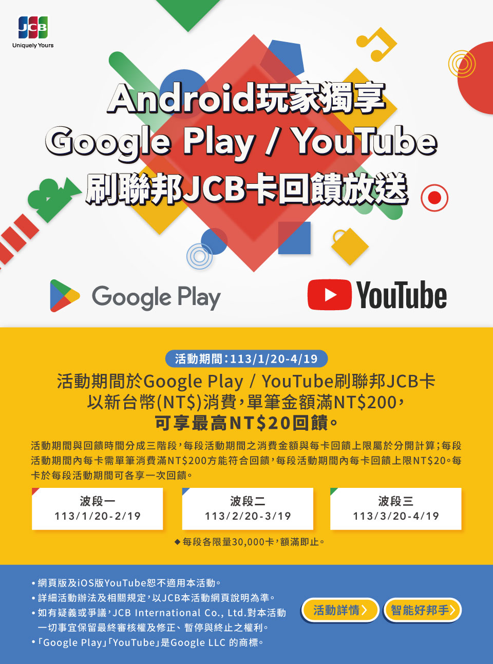 Google Play、YouTube刷JCB卡滿額享回饋！
